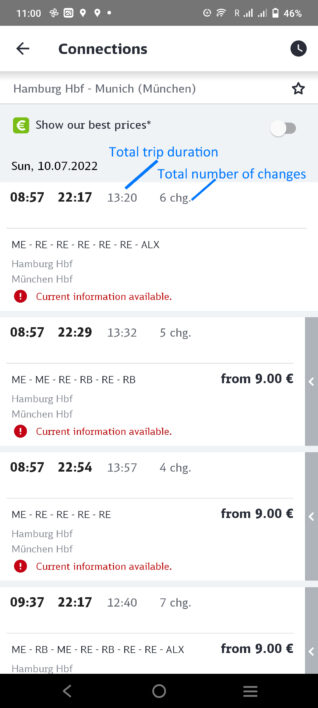 Screenshot of trip itinerary in DB app