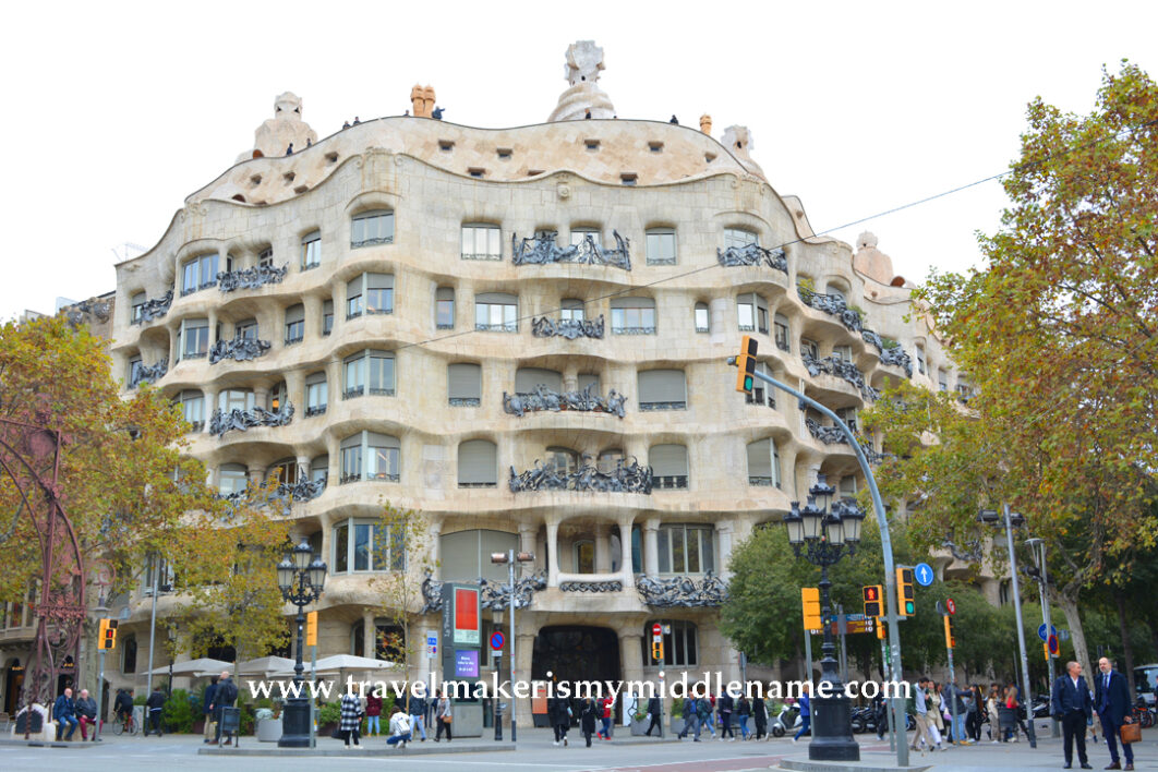 Casa Mila aka La Pedrera facade seen from the street in Barcelona, Spain.