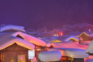 Meng Huan Jia Yuan, Snow Town, China, at night.