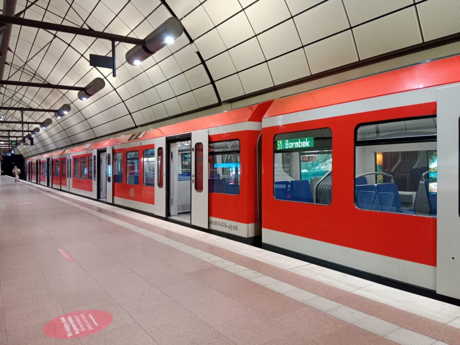 A red S-Bahn train at Hamburg Airport, Germany.