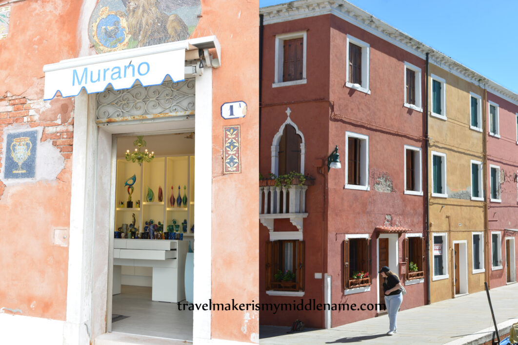 A split screen image of a pink walled shop in Murano on the left and colourful buildings in Burano on the right in Venice, Italy. Photo copyright and credit: Author