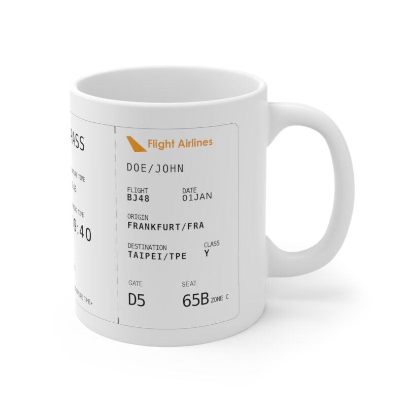 Personalisable boarding pass pattern 11 fl oz 325 ml white coffee mug right hand view