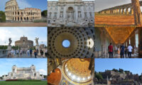 A 9-grid picture featuring the 9 top attractions in Rome: top left to bottom right: Colosseum, Trevi Fountain, Aqueduct, Castel Sant'Angelo, Pantheon dome, Vatican Museum hallway, Vittoriano building, teh dome inside St Peter's Basilica, Roman Forum.