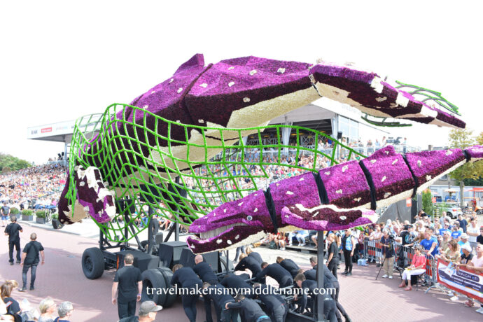 Viewed from the left side and back: People in black shirts and pants push a large parade float featuring two purple whales with white bellies in a green net along the street.