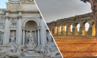 An image split diagonally in half from top left to bottom right featuring the Trevi Fountain on the left and the aqueduct on the right.