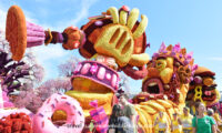 A candy, donut and King with a crown themed float covered in dahlias.