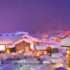 Meng Huan Jia Yuan village at night with many "snow mushrooms": round pillows of white snow that collect on top of stumps of wood, and wooden houses covered in snow looks exactly like a gingerbread house covered in sugar icing.