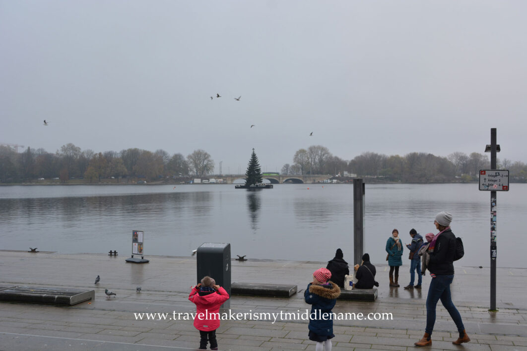 The Christmas tree in the water at Jungfernstieg, Hamburg looks a lot better at n ight when lit up