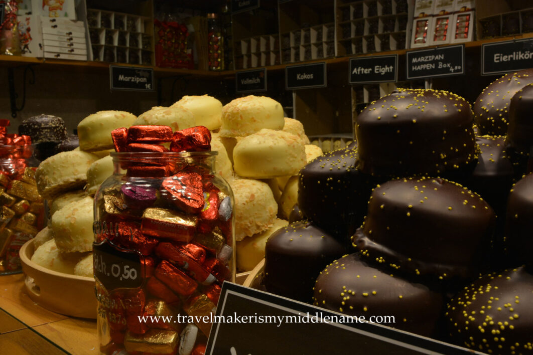 White and dark chocolate coated marzipan at the Lübeck Christmas market