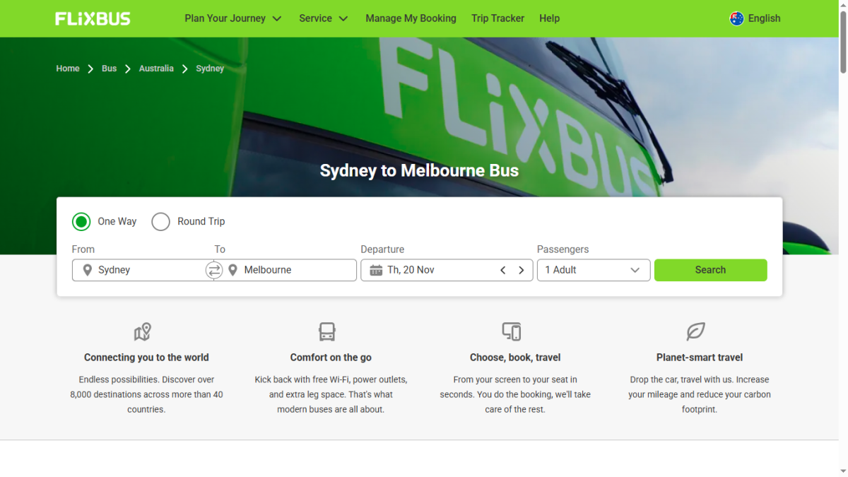 Screenshot of Flixbus Australia's website